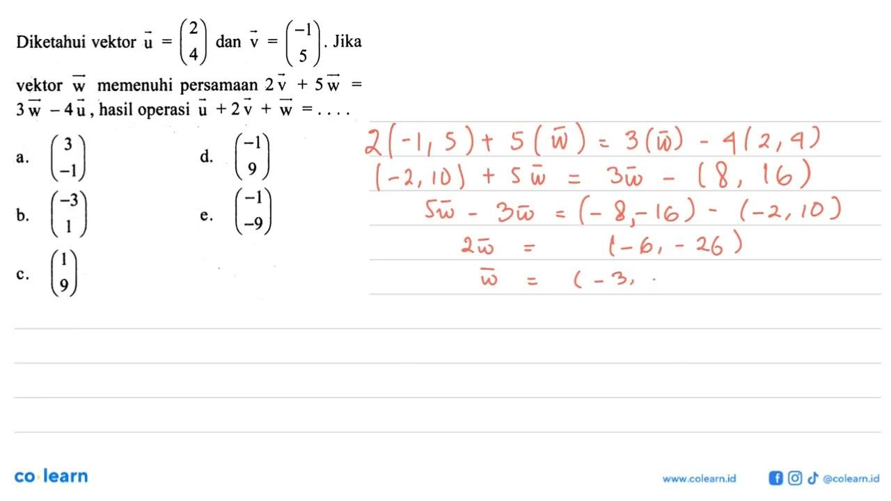 Diketahui vektor vektor u=(2 4) dan vektor v=(-1 5). Jika