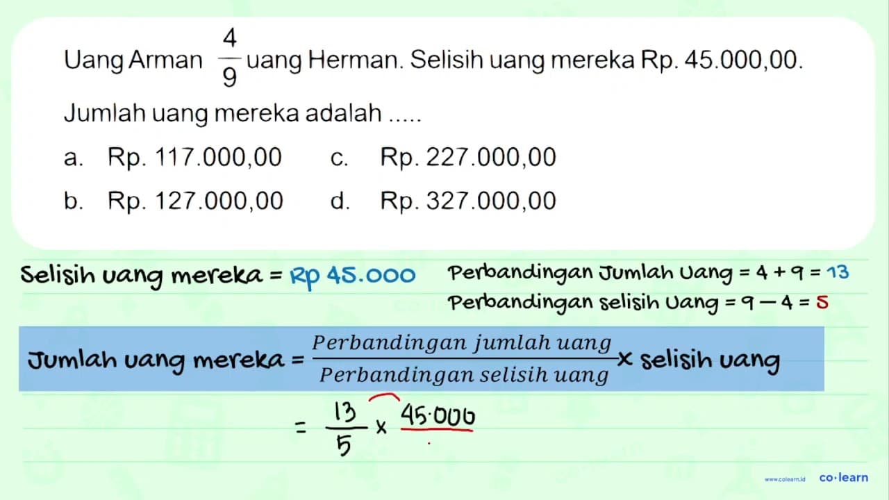 Uang Arman 4/9 uang Herman. Selisih uang mereka Rp.