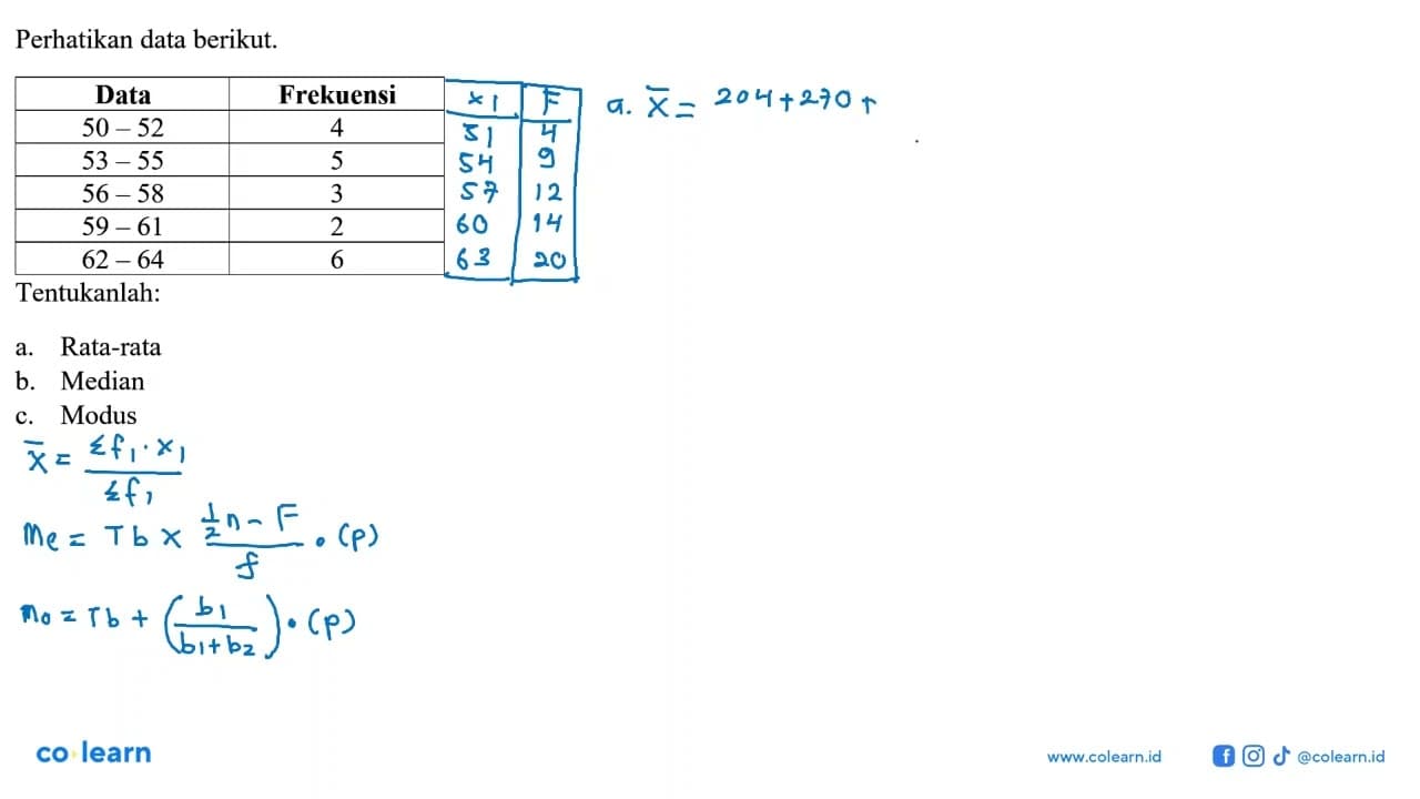 Perhatikan data berikut. Data Frekuensi 50 - 52 4 53-55 5