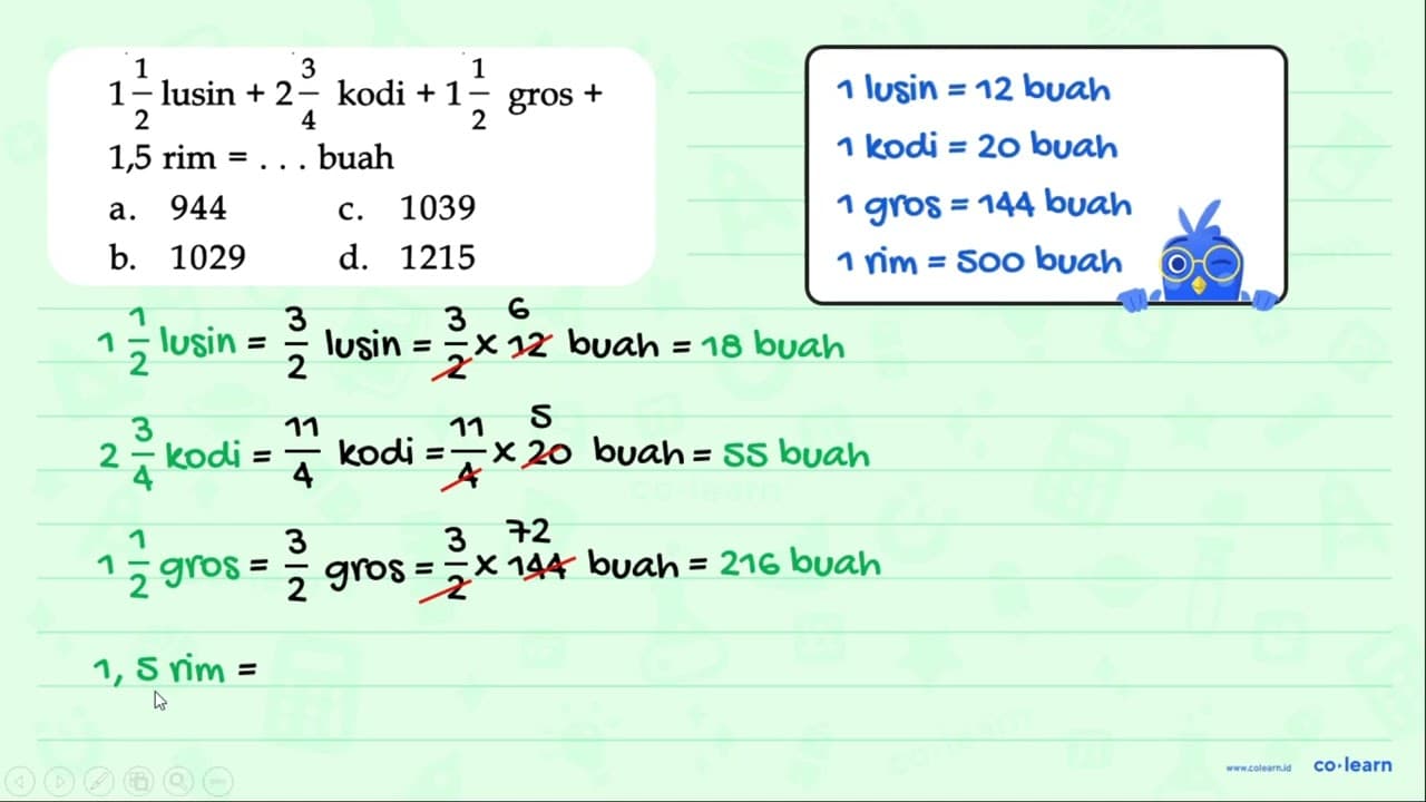 1 3 1 1- lusin + 2 - kodi + 1 = gros + 2 2 4 1,5 rim buah =