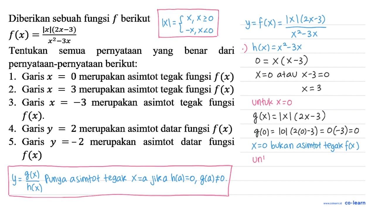 Diberikan sebuah fungsi f berikut f(x)=(|x|(2x - 3))/(x^2 -