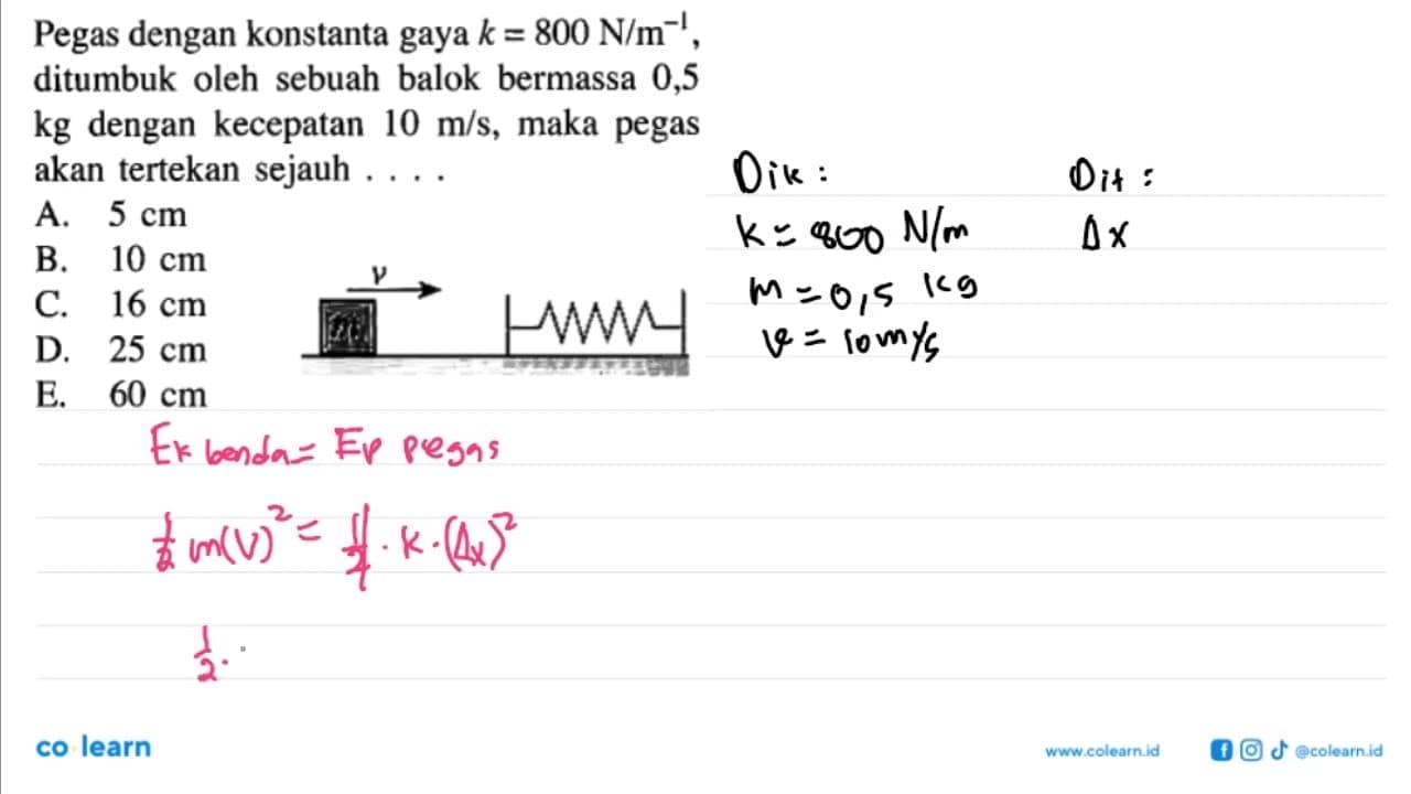 Pegas dengan konstanta gaya k=800 N/m^-1, ditumbuk oleh