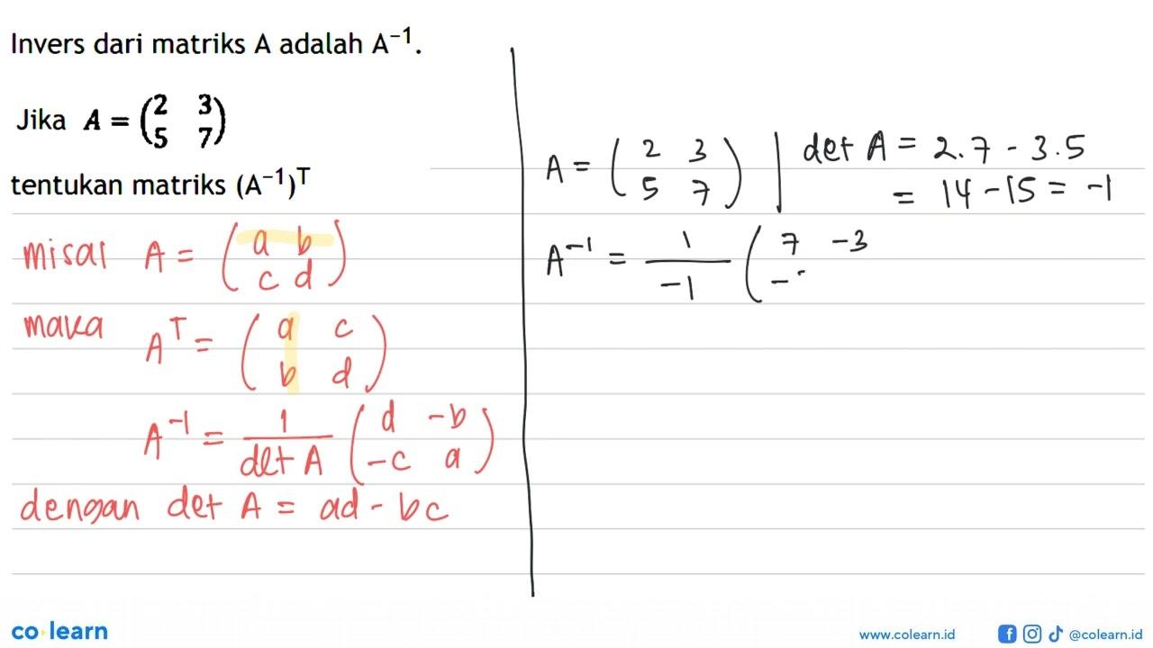 Invers dari matriks A adalah A^(-1). Jika A=(2 3 5 7)