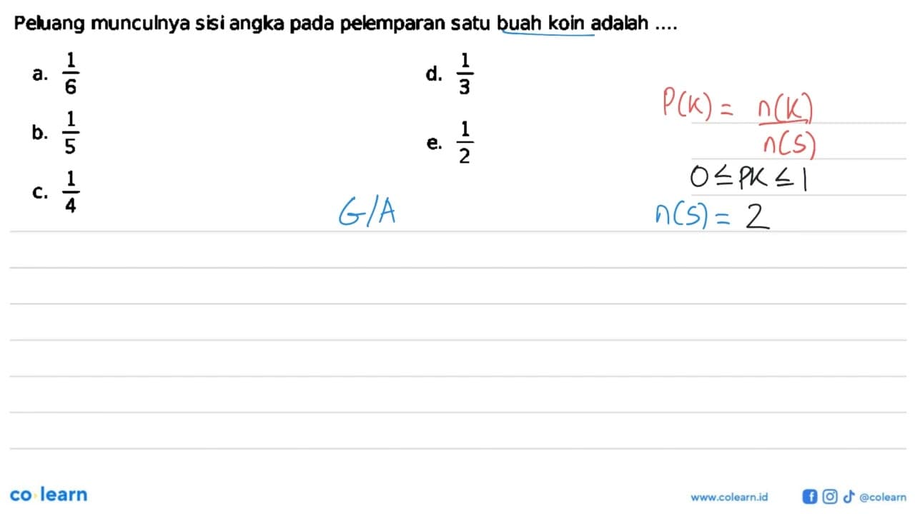 Peluang munculnya sisi angka pada pelemparan satu buah koin