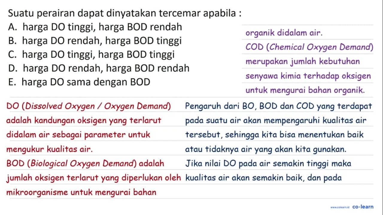 Suatu perairan dapat dinyatakan tercemar apabila : A. harga