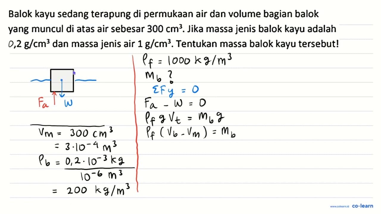 Balok kayu sedang terapung di permukaan air dan volume