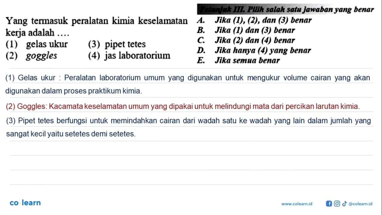 Yang termasuk peralatan kimia keselamatan kerja adalah ....