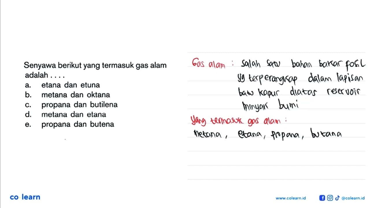 Senyawa berikut yang termasuk gas alam adalah....