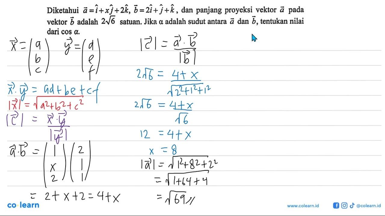 Diketahui a=i+x j+2 k, b=2i+j+k , dan panjang proyeksi