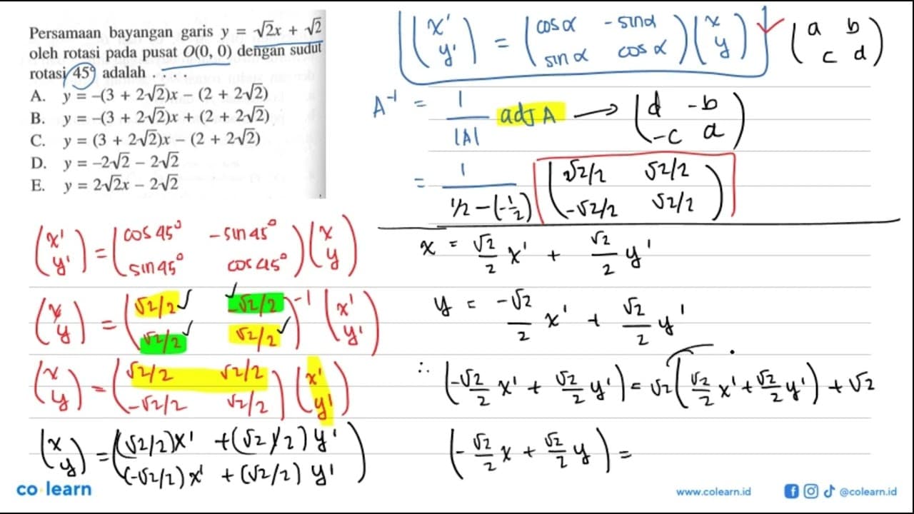 Persamaan bayangan garis y=akar(2)x+akar(2) oleh rotasi