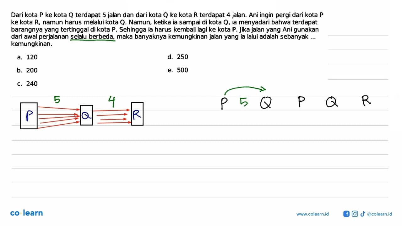 Dari kota P ke kota Q terdapat 5 jalan dan dari kota Q ke