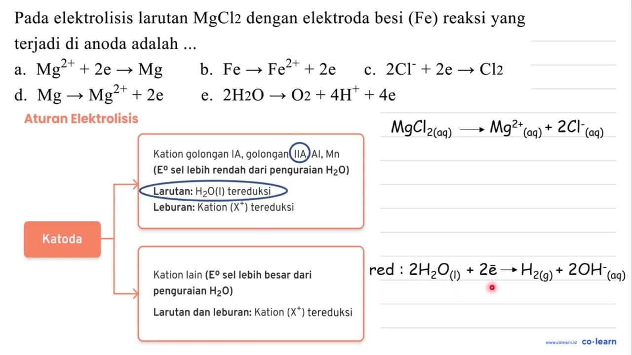 Pada elektrolisis larutan MgCl 2 dengan elektroda besi (Fe)