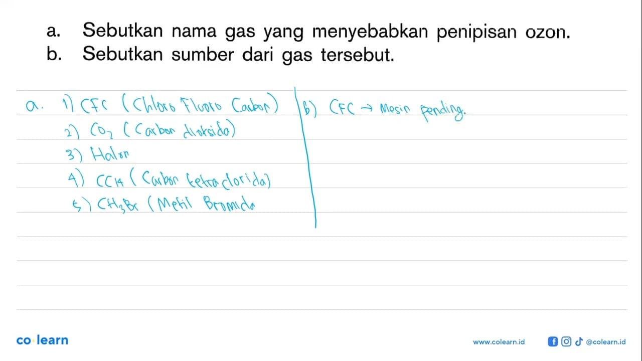 a. Sebutkan nama gas yang menyebabkan penipisan ozon. b.