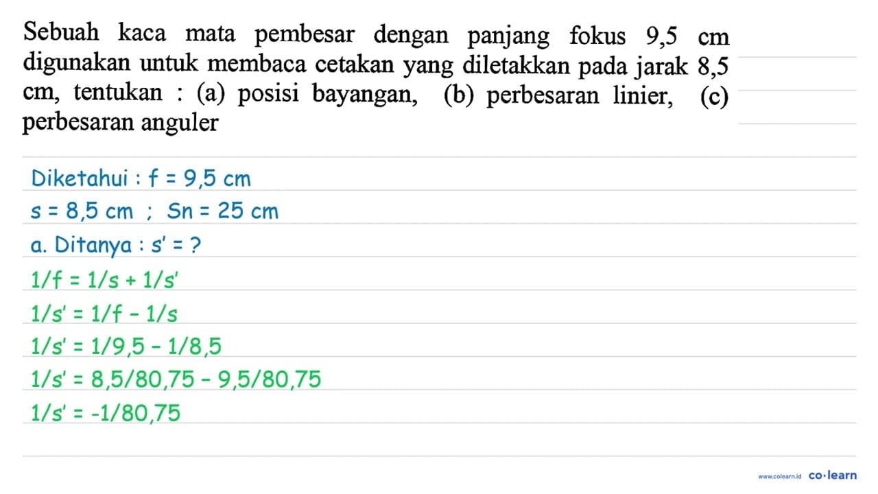 Sebuah kaca mata pembesar dengan panjang fokus 9,5 cm