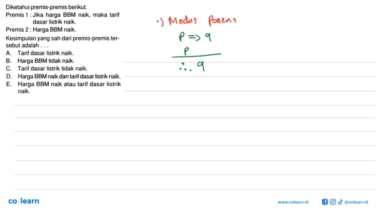 Diketahui premis-premis berikut.Premis 1 : Jika harga BBM