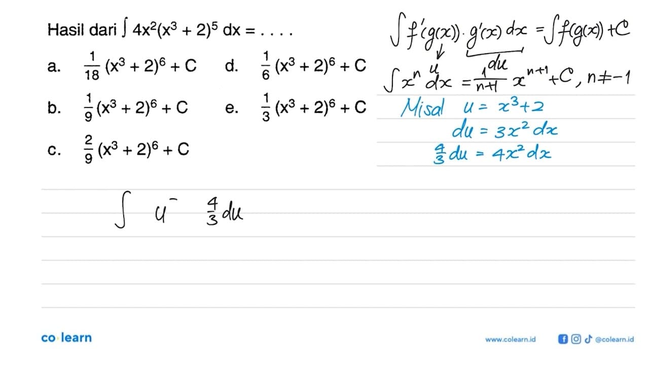 Hasil dari integral 4x^2(x^3+2)^5 dx=....