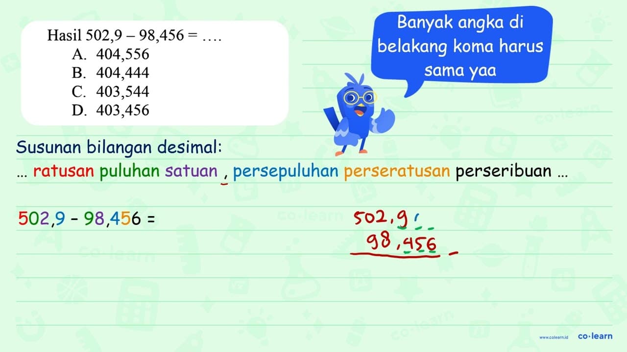 Hasil 502,9 - 98,456 = ....