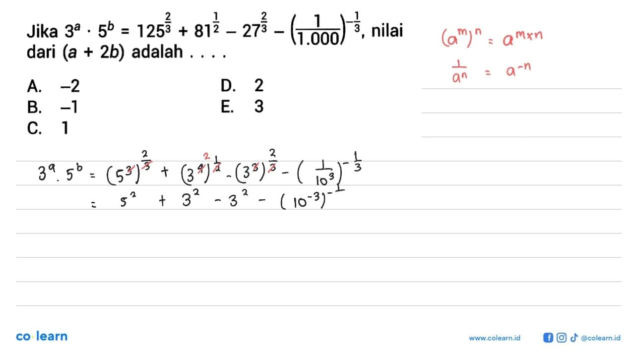 Jika 3^a . 5^b = 125^(2/3) + 81^(1/2 - 27^(2/3) -