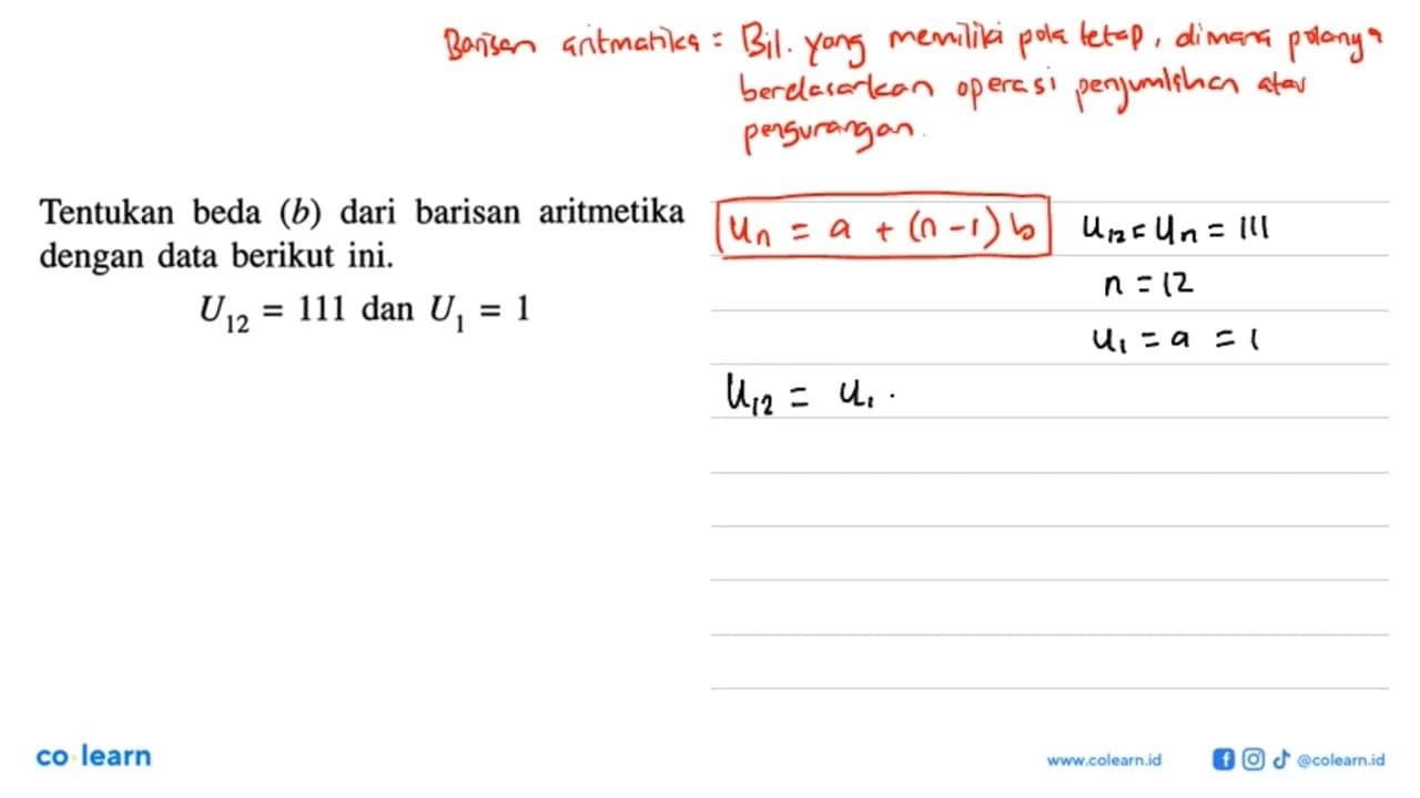 Tentukan beda (b) dari barisan aritmetika dengan data