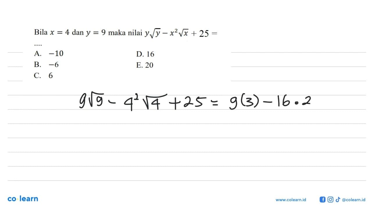 Bila x = 4 dan y = 9 maka nilai y akar(y) - x^2 akar(x) +