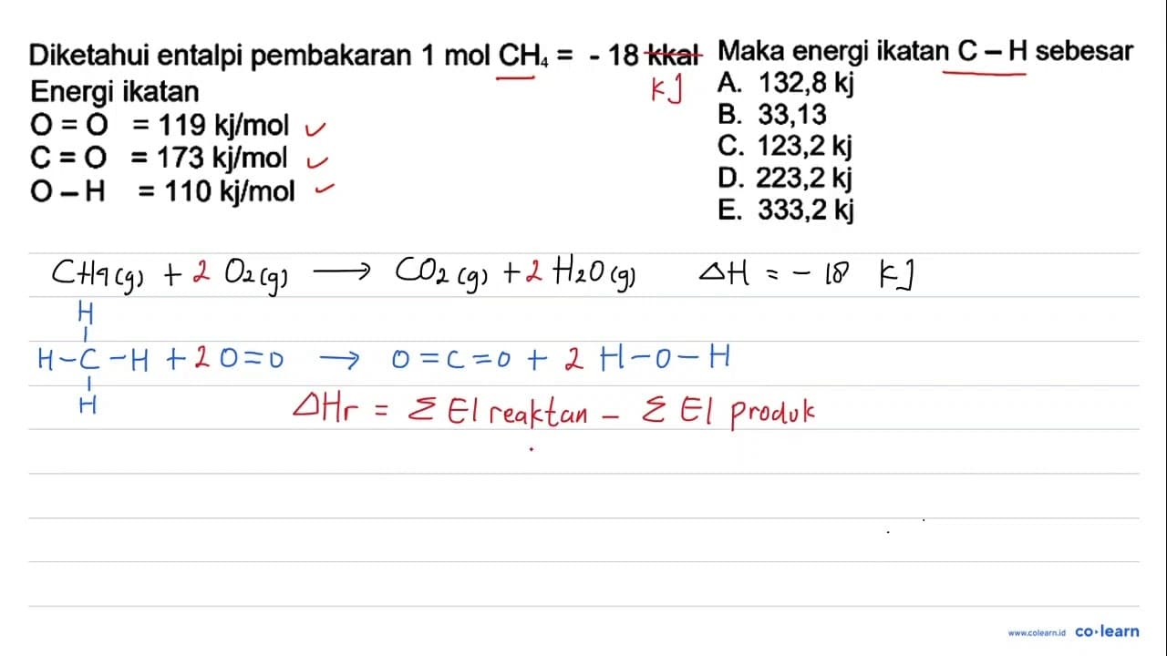 Diketahui entalpi pembakaran 1 mol CH4=(-18) kkal Energi