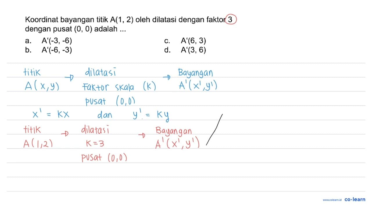 Koordinat bayangan titik A(1,2) oleh dilatasi dengan faktor