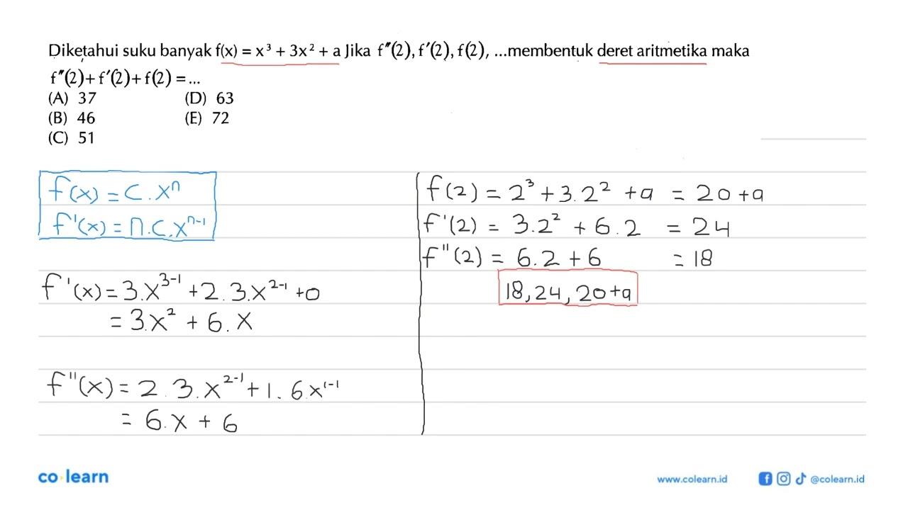 Diketahui suku banyak f(x)=x^3+3x^2+a jika f''(2), f'(2),