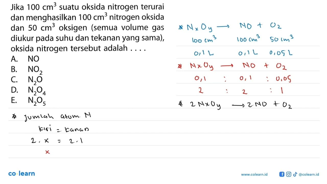 Jika 100 cm^3 suatu oksida nitrogen terurai dan