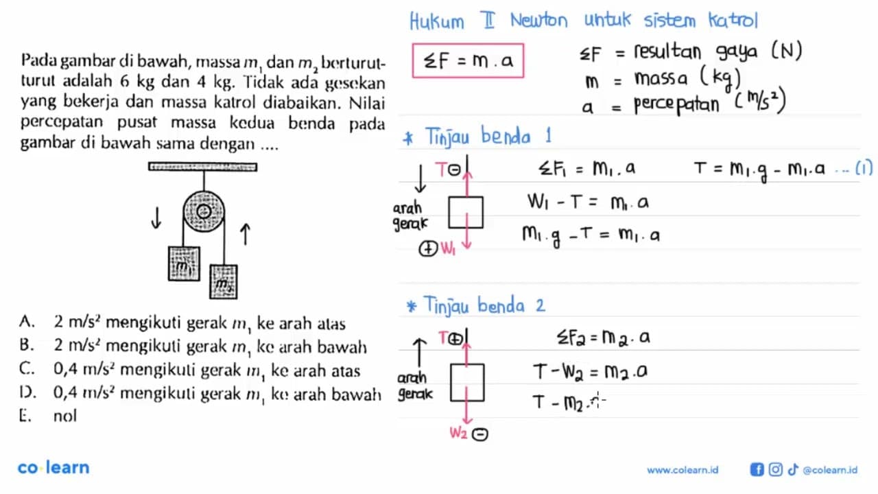 Pada gambar di bawah, massa m1 dan m2 berturutturul adalah