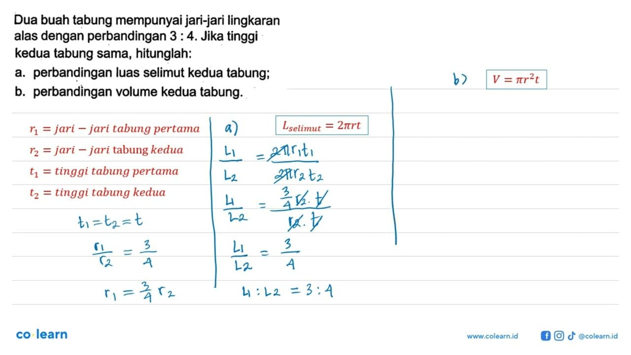 Dua buah tabung mempunyai jari-jari lingkaran alas dengan