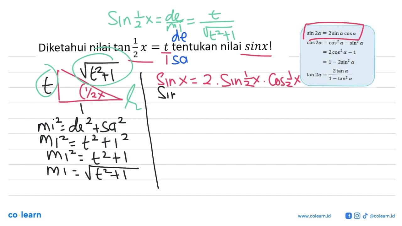 Diketahui nilai tan 1/2x=t tentuka nilai sin x!