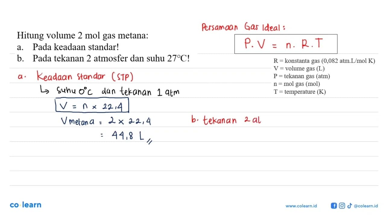 Hitung volume 2 mol gas metana: a. pada keadaan standar! b.