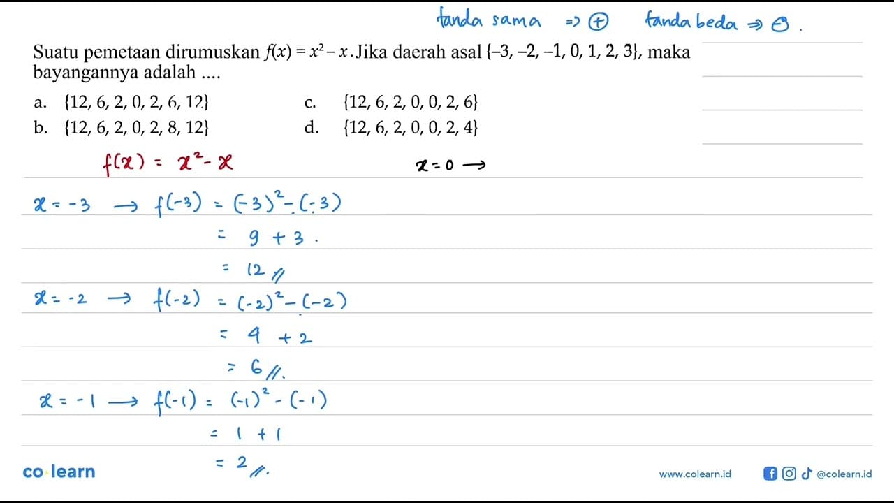 Suatu pemetaan dirumuskan f(x) = x^2 - x. Jika daerah asal