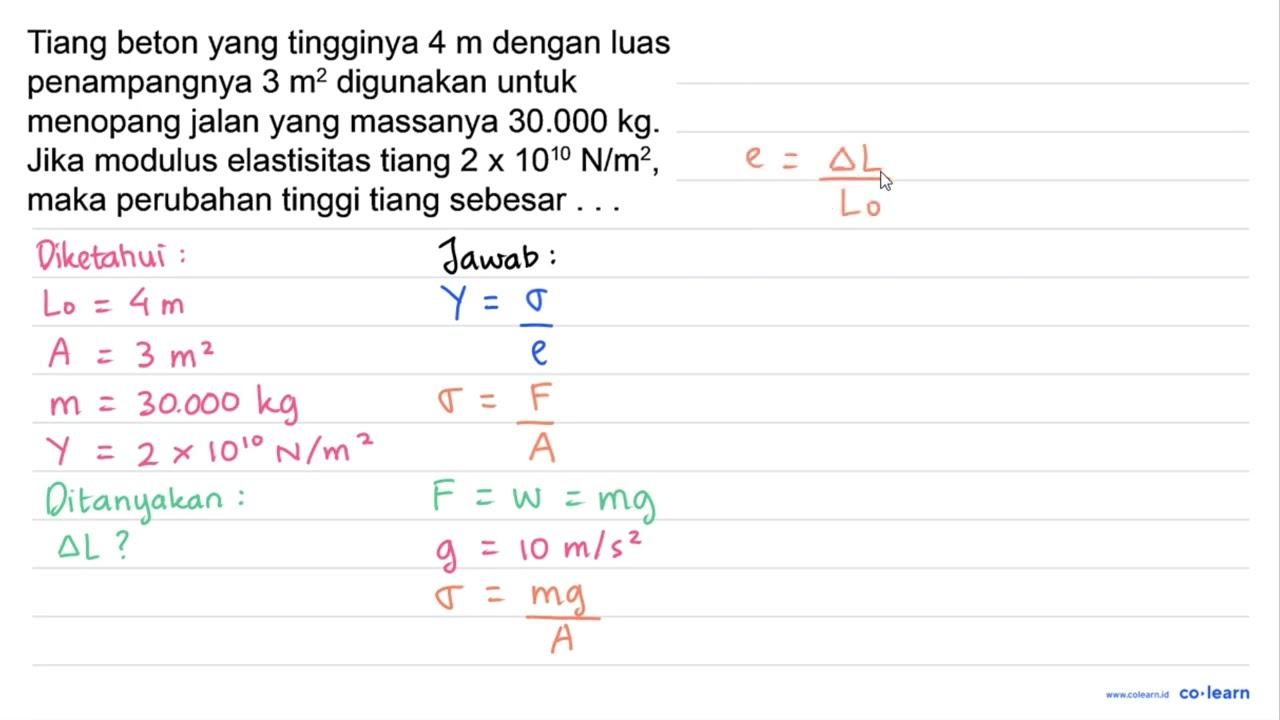 Tiang beton yang tingginya 4 m dengan luas penampangnya 3