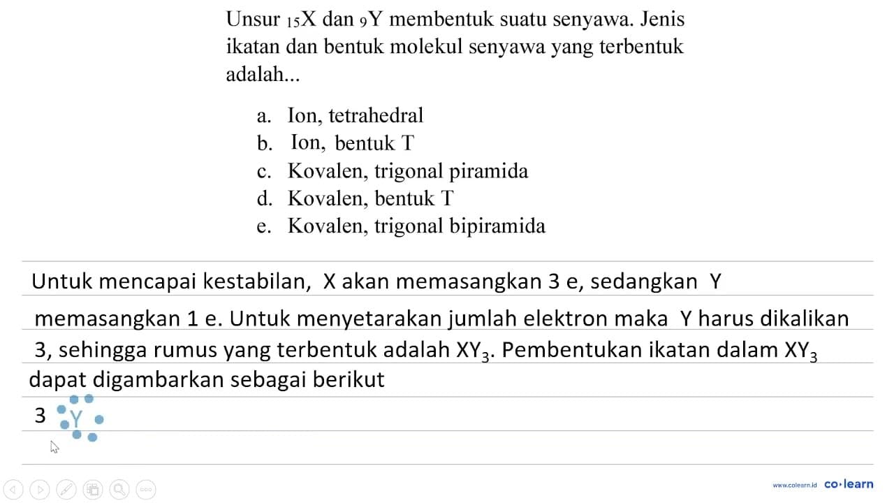 Unsur { )_(15) X dan { )_(9) Y membentuk suatu senyawa.