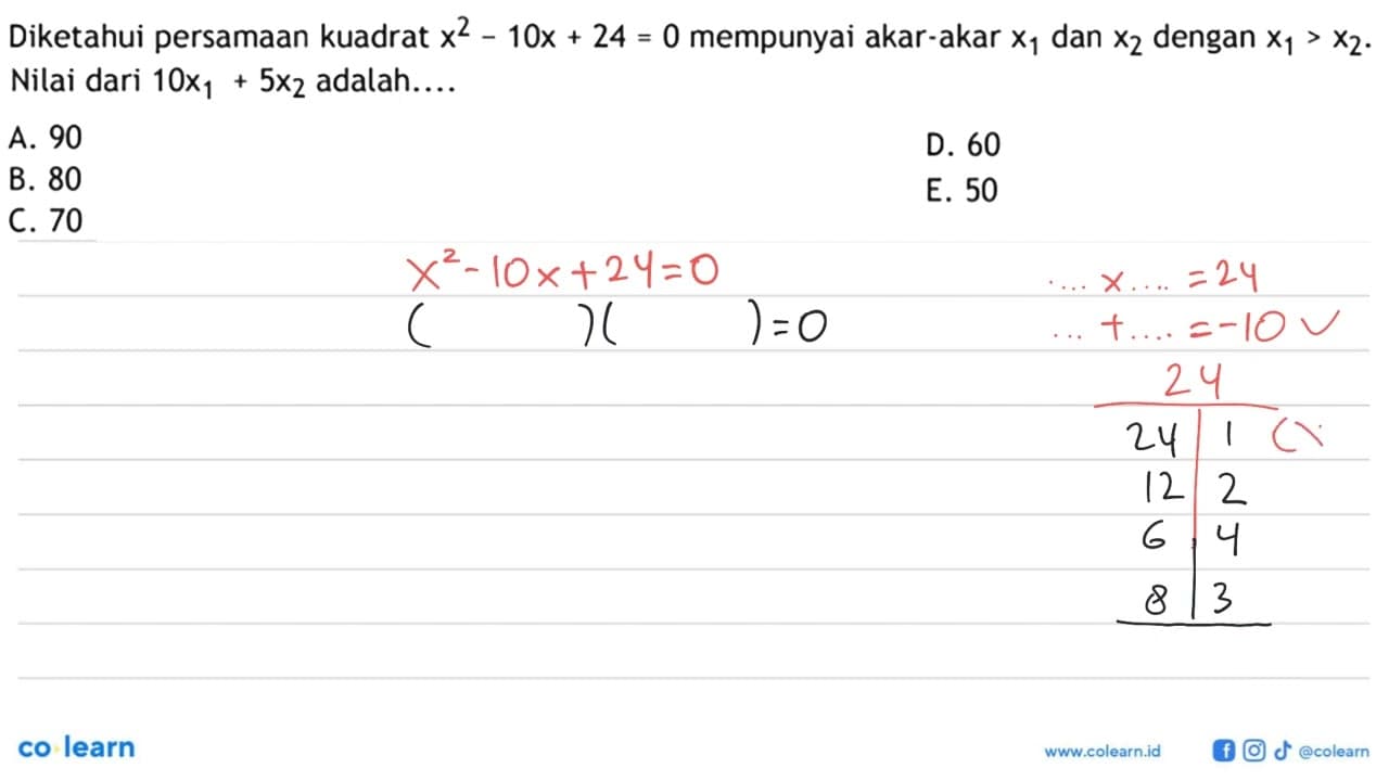 Diketahui persamaan kuadrat x^2-10x+24=0 mempunyai