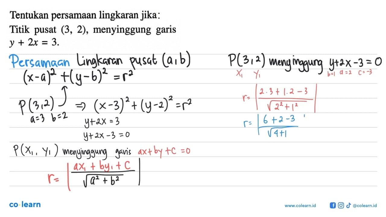 Tentukan persamaan lingkaran jika:Titik pusat (3,2),