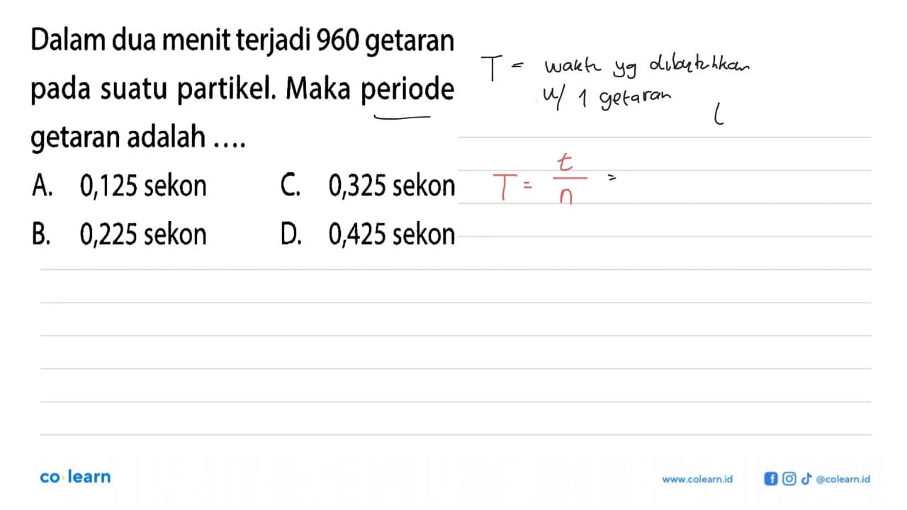 Dalam dua menit terjadi 960 getaran pada suatu partikel.