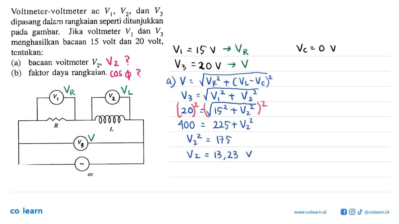 Voltmeter-voltmeter ac V1, V2, dan V3 dipasang dalam