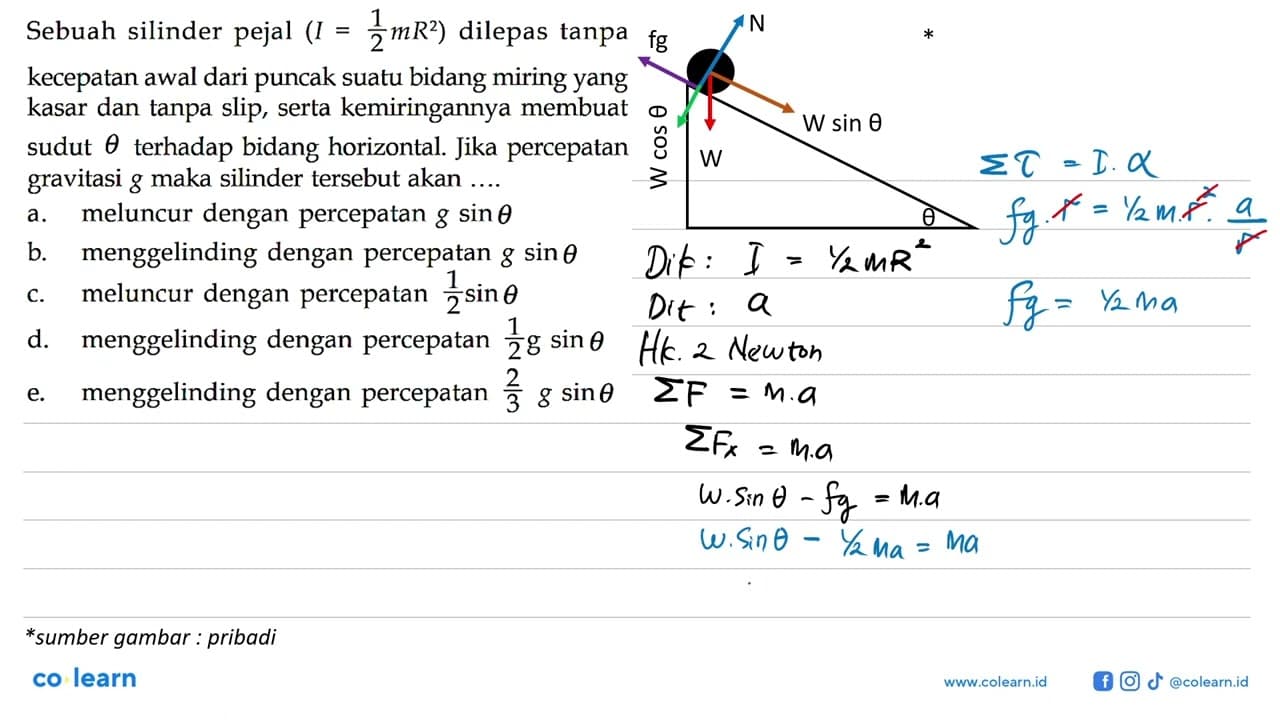 Sebuah silinder pejal (I = 1/2 mR^2) dilepas tanpa