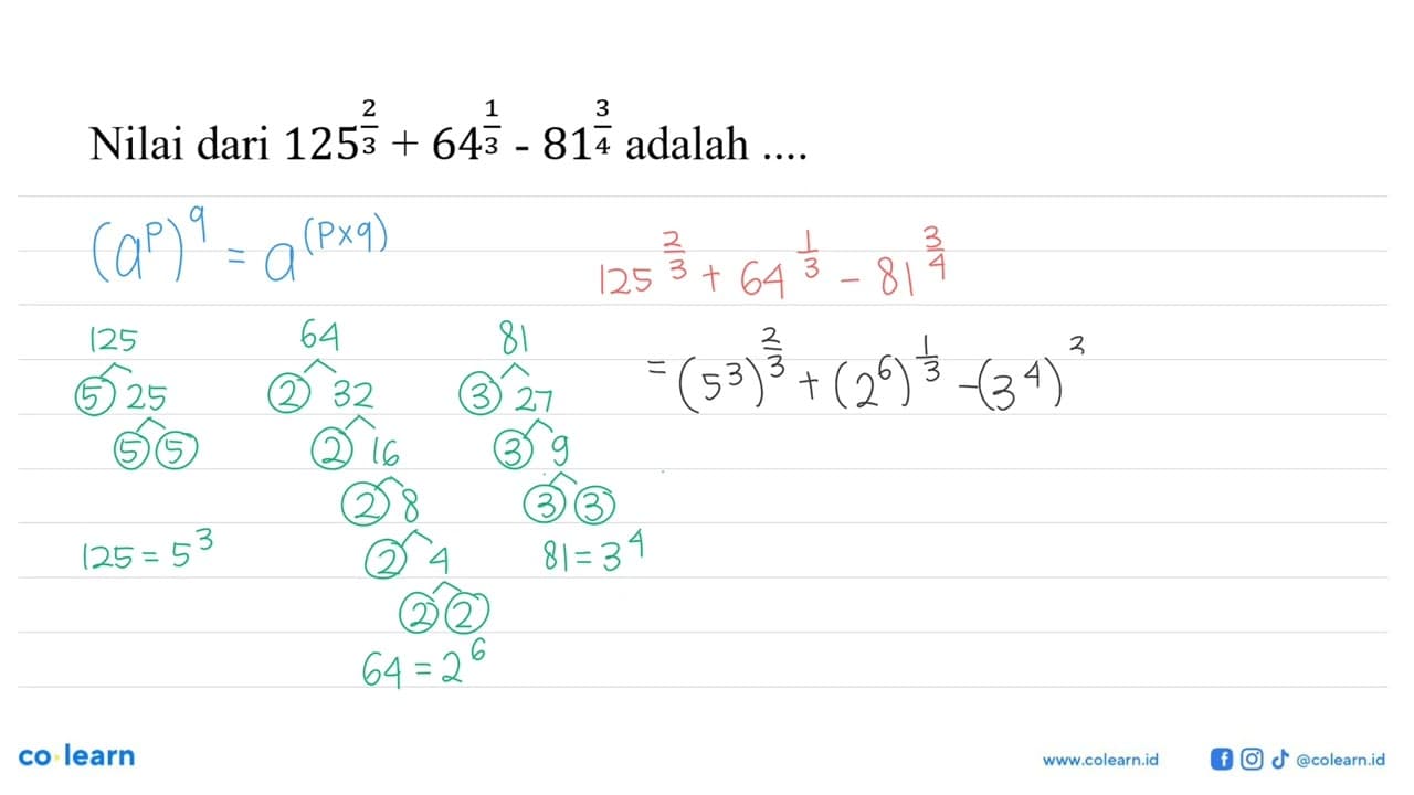 Nilai dari 125^(2/3)+64^(1/3)-81^(3/4) adalah ....