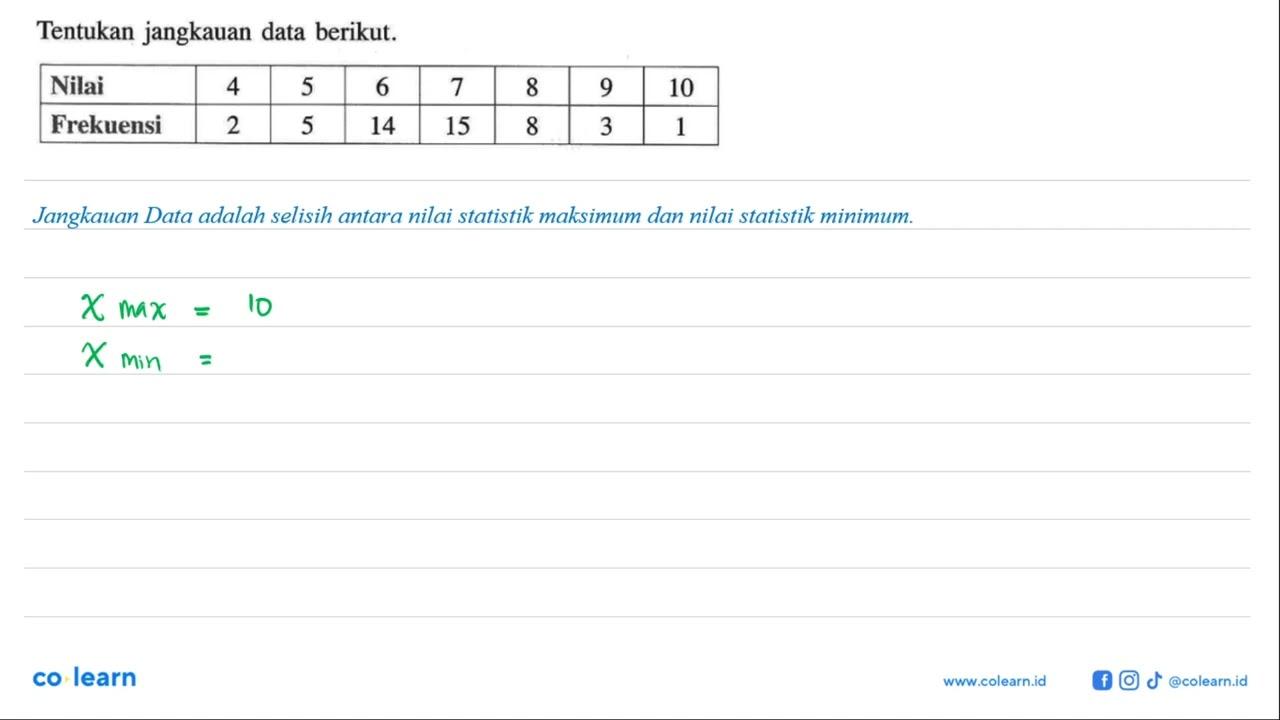 Tentukan jangkauan data berikut. Nilai 4 5 6 7 8 9 10