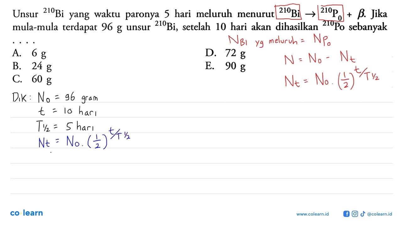 Unsur 210 Bi yang waktu paronya 5 hari meluruh menurut 210