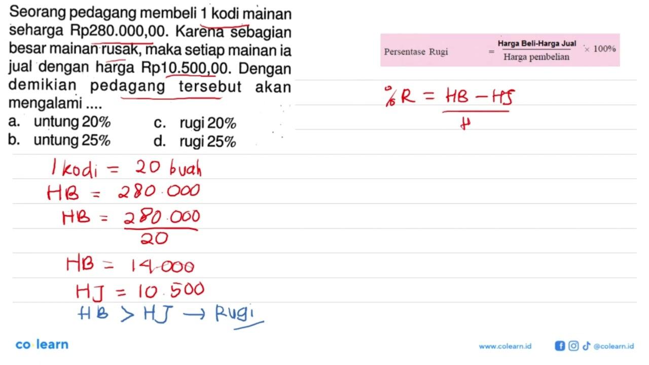 Seorang pedagang membeli 1 kodi mainan seharga