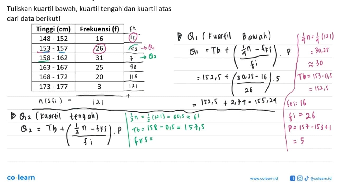 Tuliskan kuartil bawah, kuartil tengah dan kuartil atas