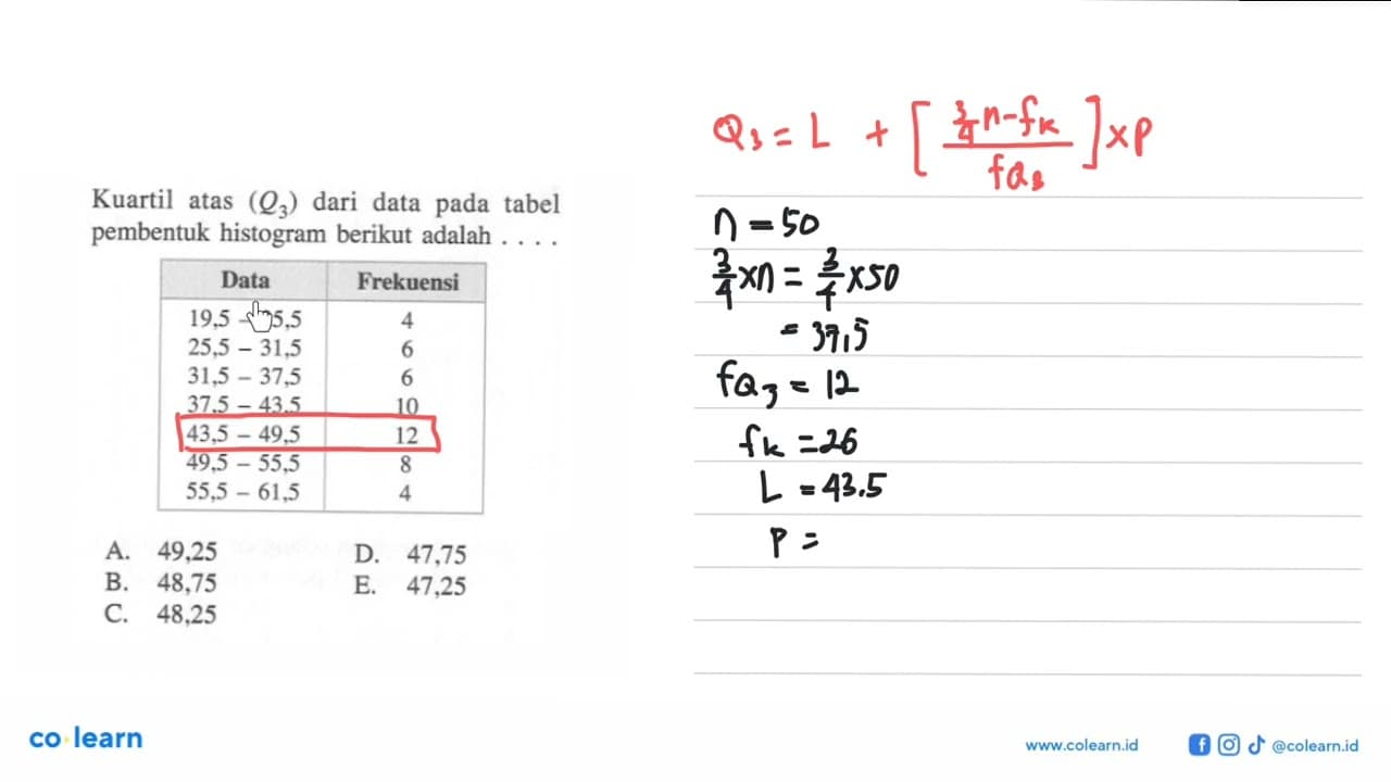 Kuartil atas (Q3) dari data pada tabel pembentuk histogram