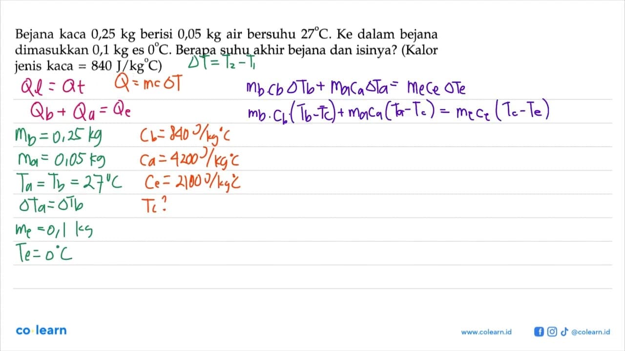 Bejana kaca 0,25 kg berisi 0,05 kg air bersuhu 27 C. Ke