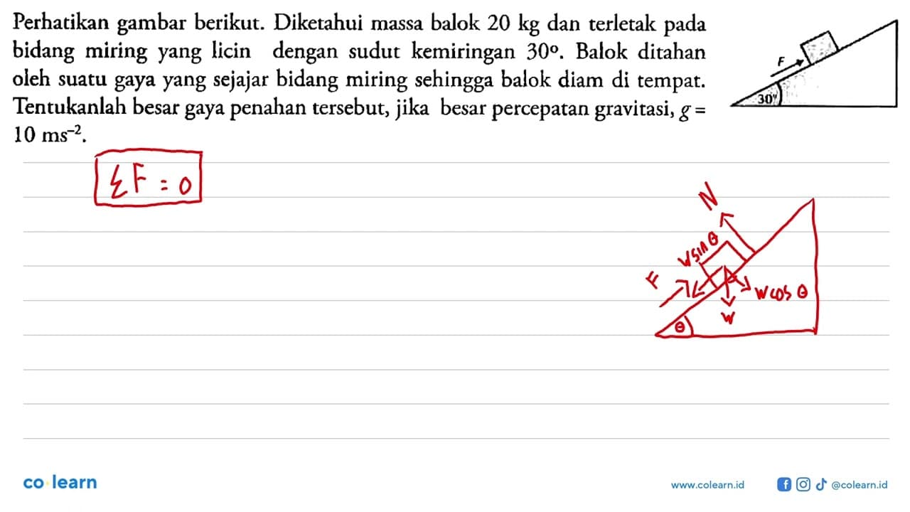 Perhatikan gambar berikut. Diketahui massa balok 20 kg dan