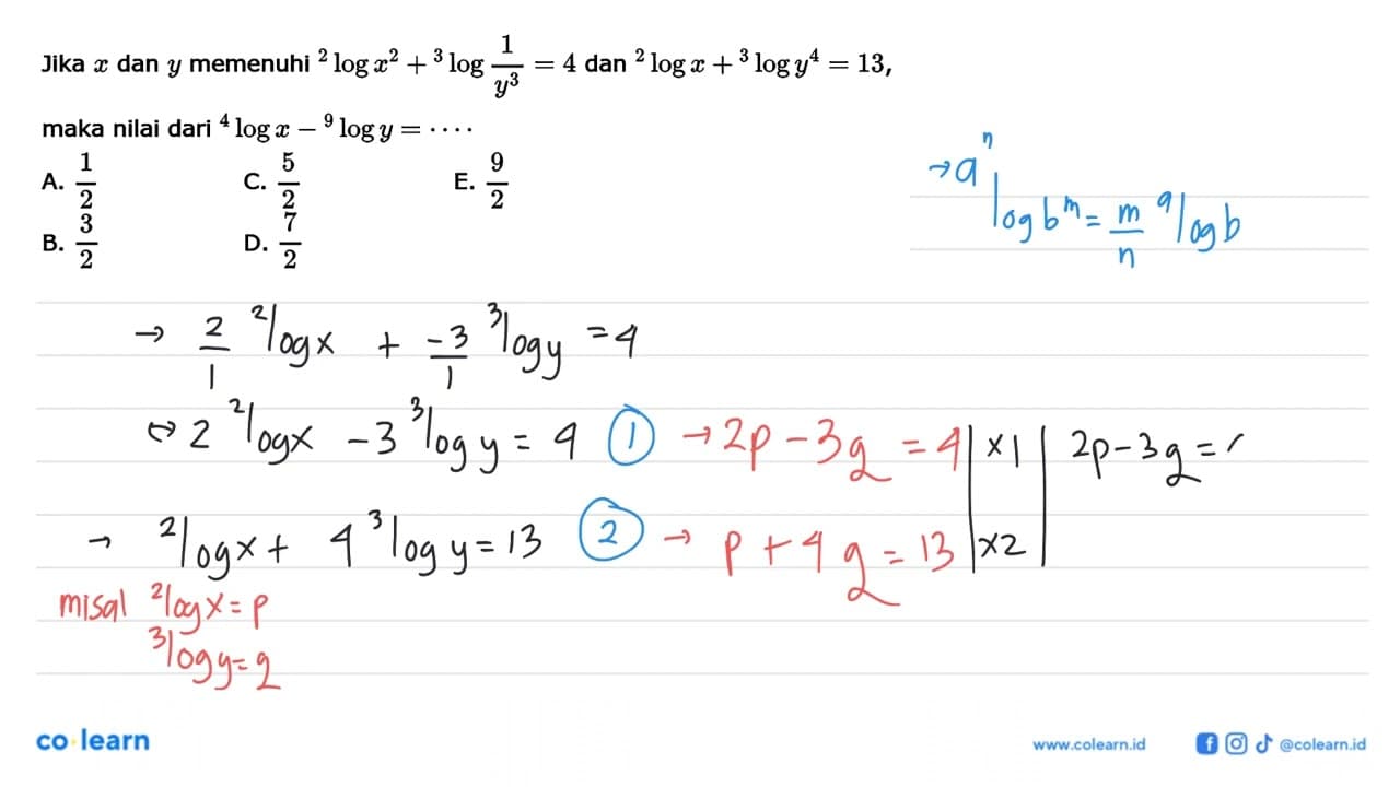 Jika x dan y memenuhi 2log(x^2)+3log(1/(y^3))=4 dan