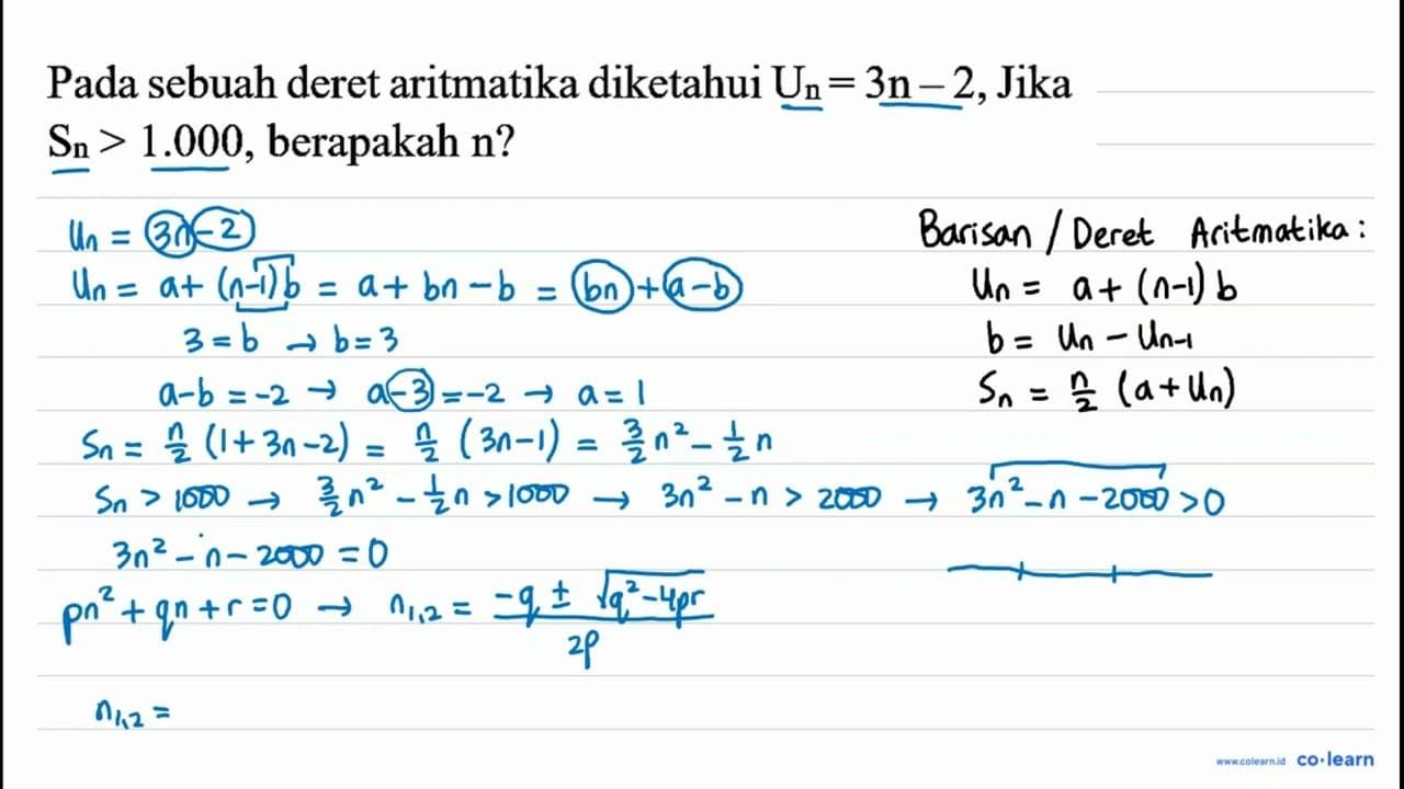 Pada sebuah deret aritmatika diketahui U_(n)=3 n-2 , Jika